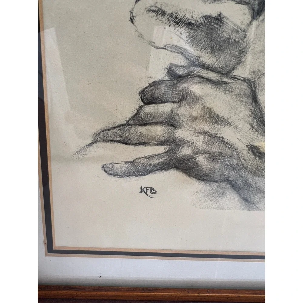 VTG Katherine Brown JESUS AND THE LAMB pencil sketch Framed